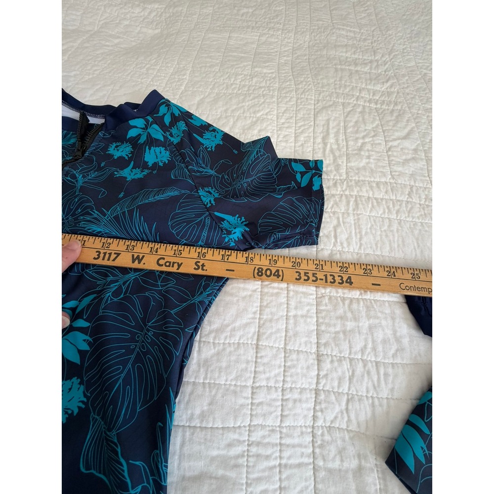 Two Piece Tropical Rash Guard and Swim Shorts Set Navy Teal Floral XL - Picture 4 of 15